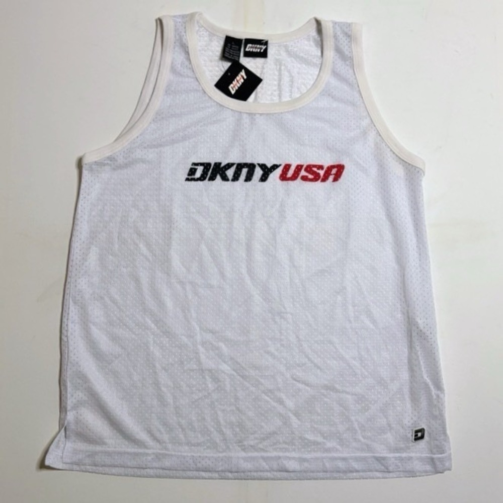 Vintage 90s DKNY ACTIVE USA Mesh Sport Jersey Tank Top Basketball Y2K Sheer Sz L